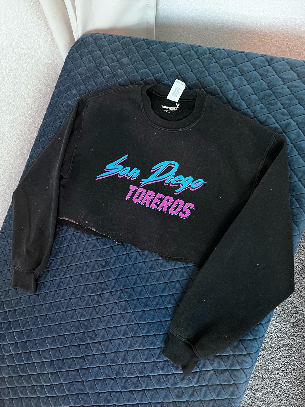 Classic 90s Black Cropped Crewneck w/ Teal & Pink San Diego Script Distress Look